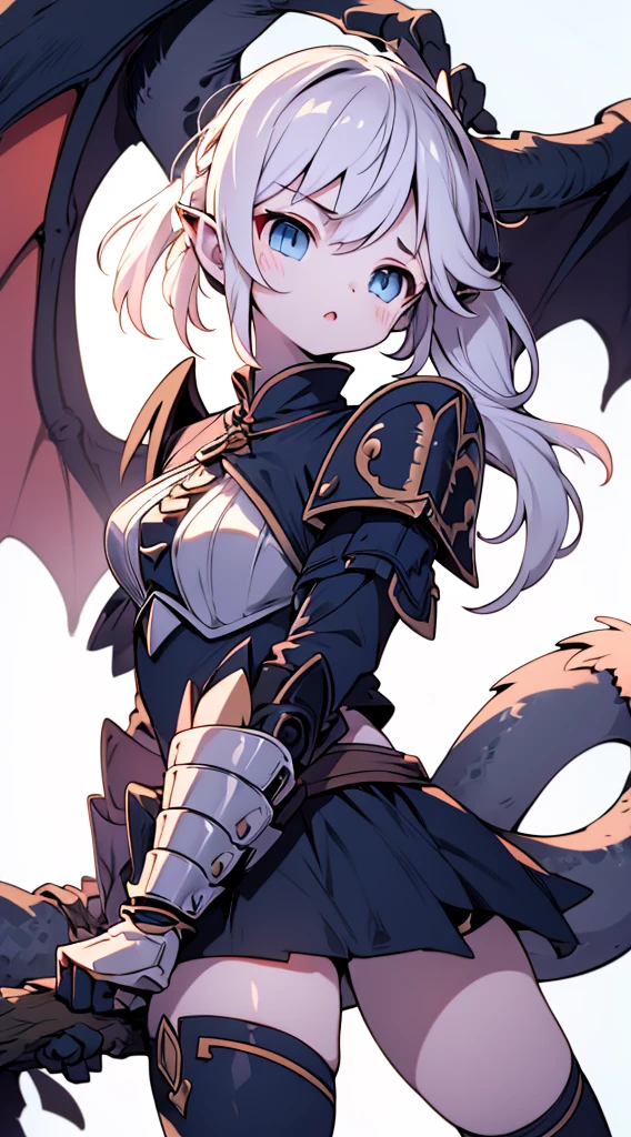 Dragon Girl，knight女孩，穿着knight铠甲的女孩，Breastplate，Skirt Armor，Arm Guard，Leggings，Bare thighs，丝绸Knee socks，Knee socks，White hair，Long hair，Single ponytail hairstyle，Dragon Horn女孩，Dragon Wings，Girl with wings，Dragon Horn，horn，巨Dragon Wings，White Wings，Dragon Tail，巨Dragon Tail，Long Tail，thick tail，Fat Tail，Smooth tail，White Tail，Scales，Scales衣服，knight，knight girl，Close-up above the waist，Upper body close-up，mature body