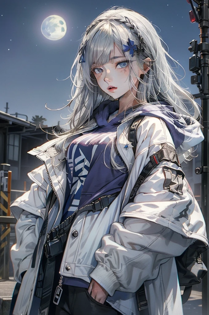 (best quality:1.3), (masterpiece:1.3), (illustration:1.3), (ultra-detailed:1.3), (imid shot:0.9), 1girl, Long hair, white hair, ((blue eyes)), purple hoodie, looking at viewer, white jacket, medium breasts, HK416Clukay, upper body, night sky, stars