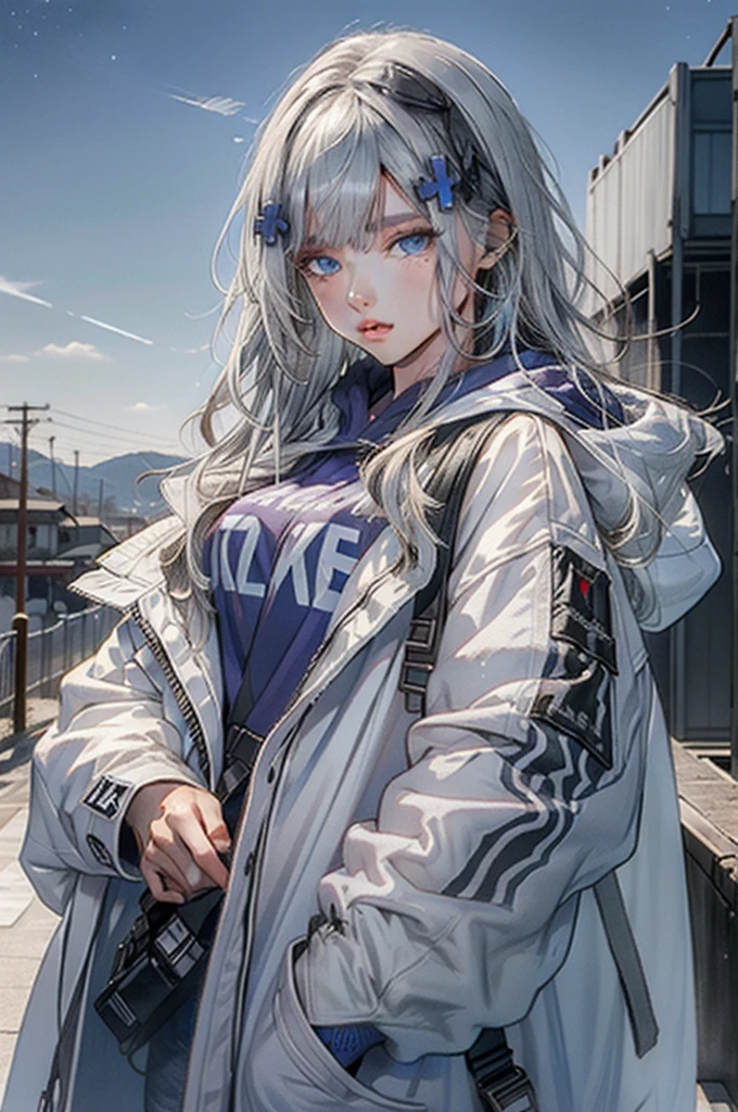 (best quality:1.3), (masterpiece:1.3), (illustration:1.3), (ultra-detailed:1.3), (imid shot:0.9), 1girl, Long hair, white hair, ((blue eyes)), purple hoodie, looking at viewer, white jacket, medium breasts, HK416Clukay, upper body, night sky, stars