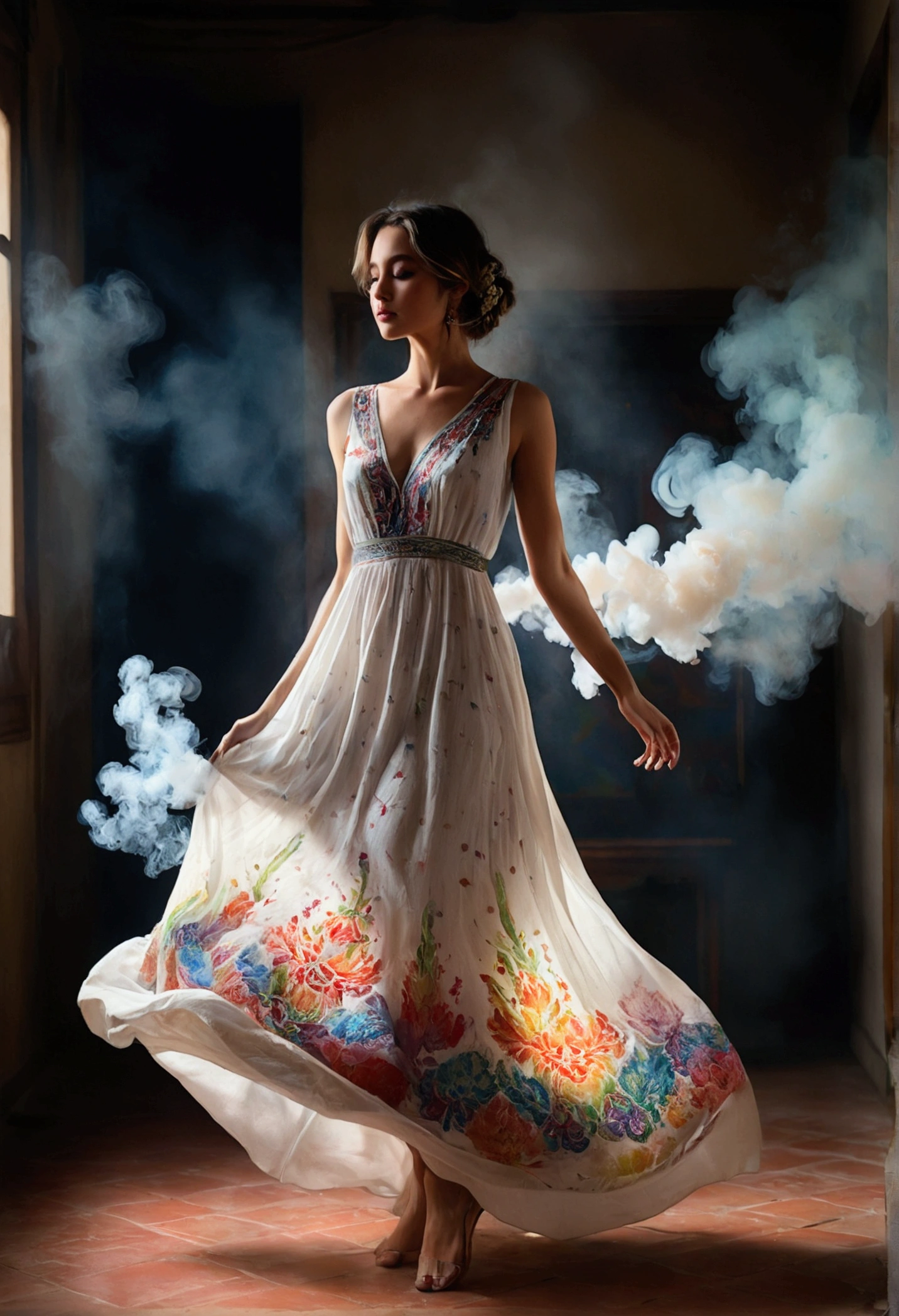 An alluring watercolor picture of a mysterious and beautiful woman, standing in a dimly lit room with light white smoke enveloping her. She wears a stunning, loose-fitting cotton dress adorned with intricate colorful patterns. The camera captures her from a low angle, emphasizing her graceful leg-to-toe silhouette and showcasing her captivating pose. The lighting highlights the vibrant colors of her dress and the delicate smoke, creating a captivating and enchanting atmosphere.