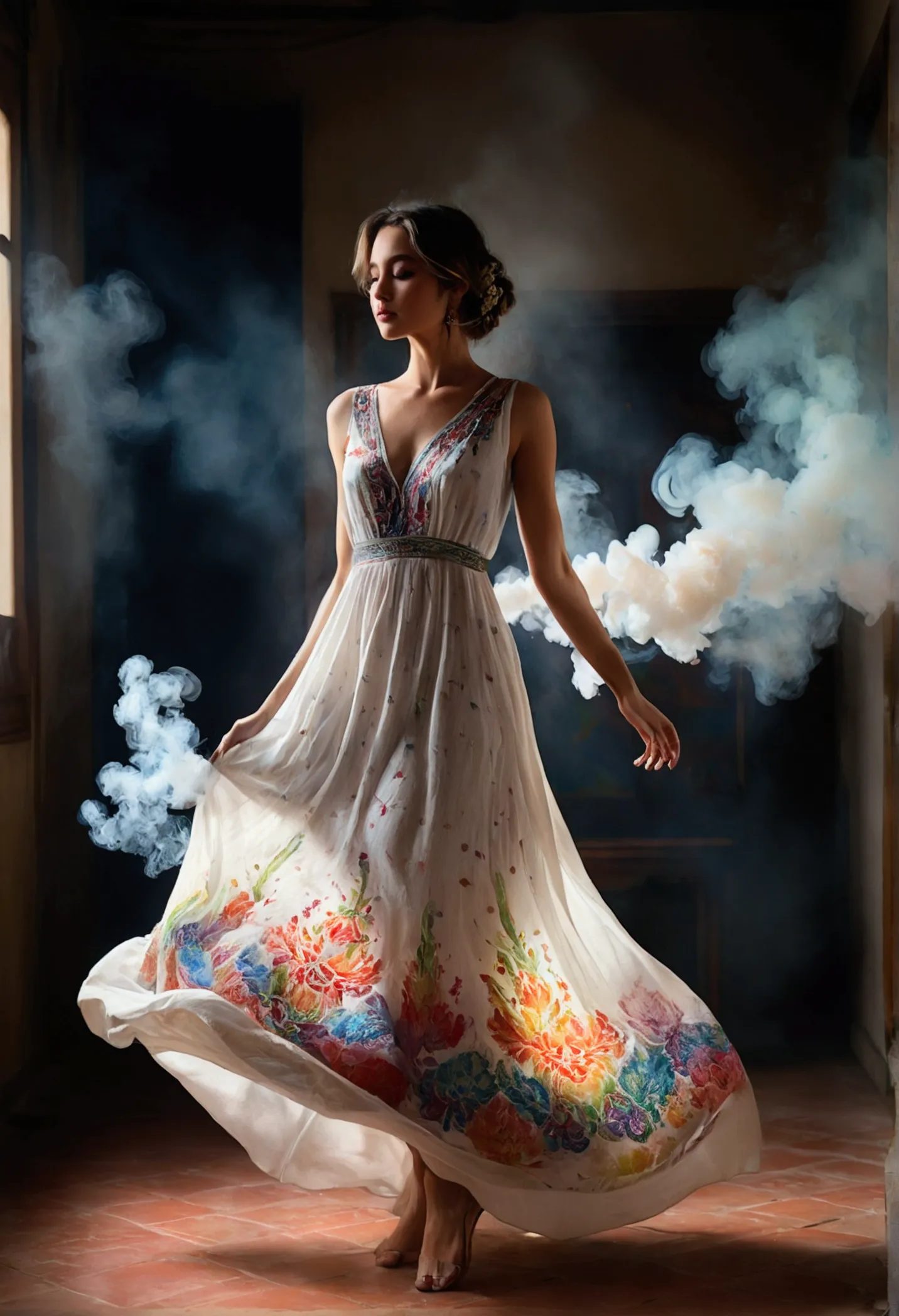 An alluring watercolor picture of a mysterious and beautiful woman, standing in a dimly lit room with light white smoke enveloping her. She wears a stunning, loose-fitting cotton dress adorned with intricate colorful patterns. The camera captures her from ...