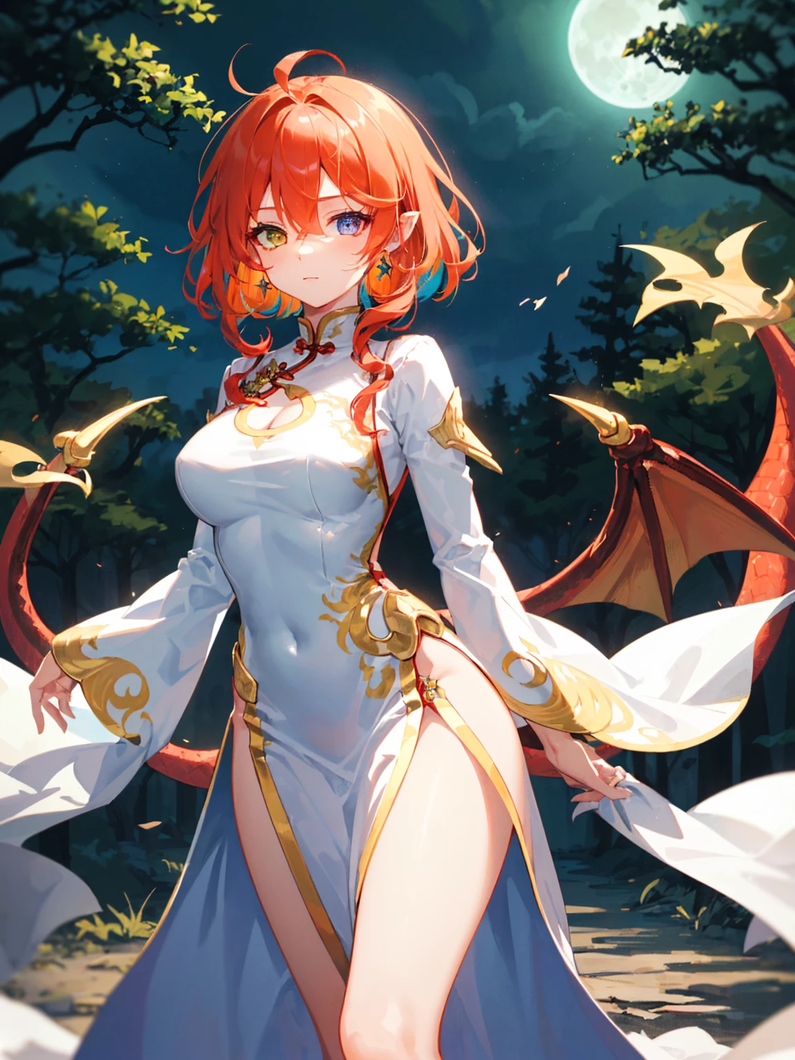 Princess (red-ish orange hair, wearing a long dress), perfect breasts, round breasts, background (forest, moon), Chinese dragon (one, five-clawed golden dragon, two wings), golden jewelry, white and golden clothes, (golden clothes:1), (white clothes:1.3), golden ornaments, elegant cutout, clothes cutout, revealing clothes, exposing clothes, shiny silk, golden stripes clothes, detailed textures, (dragon clothes:1.3), detailed iris, sparkle eyes, star in eyes, enchanting golden eyes, (multicolored eyes), (shining dust), (heterochromia), (red hair:1.3), (messy hair:1.3), (hair between eyes), (hair over one eye), (wavy hair:1.1), perfect hands, perfect fingers, perfect arms, perfect thighs