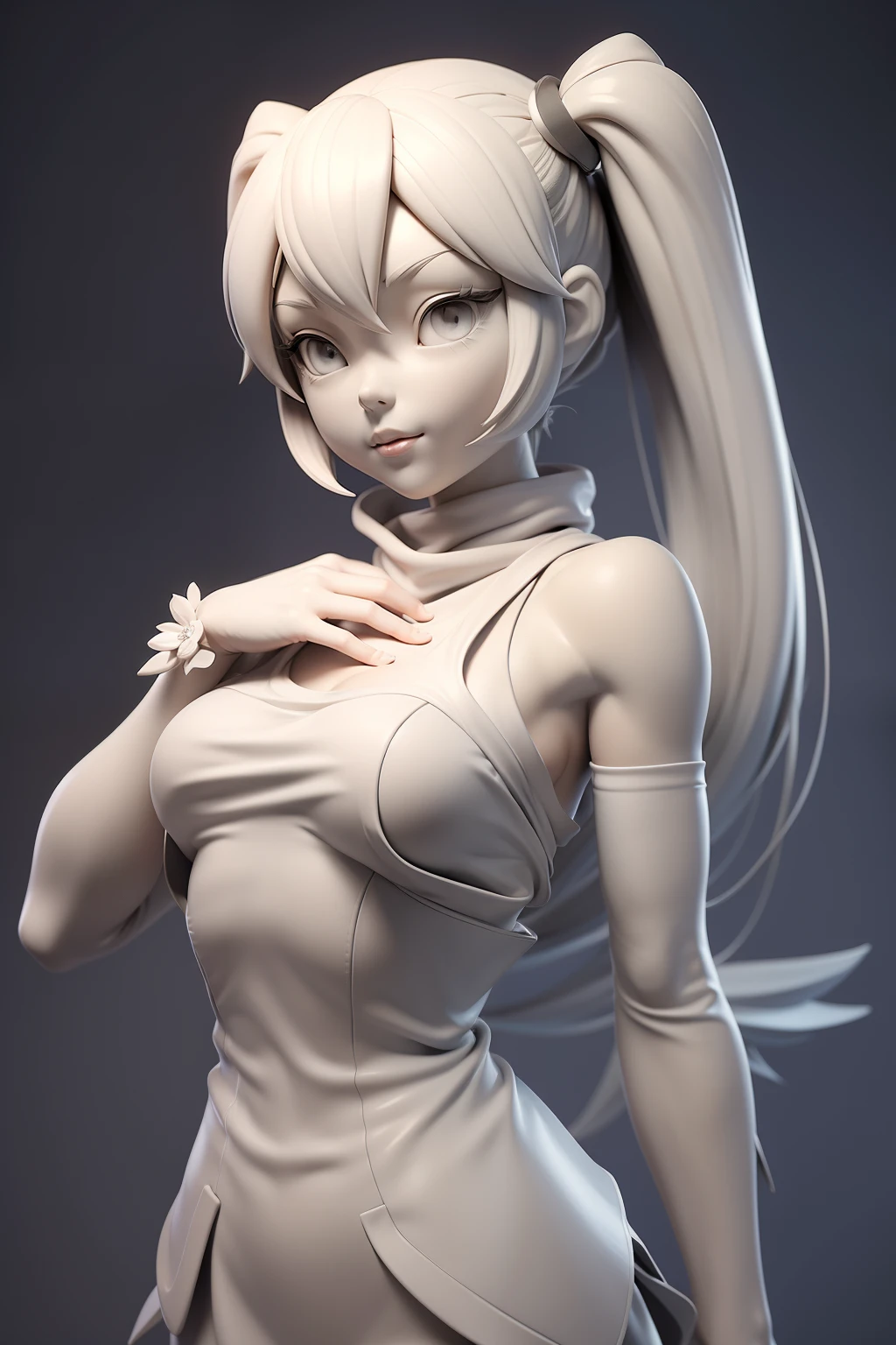 3DMM,Gray clay style,(masutepiece, Best Quality), grayscales, ZBXR, 1girl in, Solo, breasts, greybackground, Simple background, medium breasts, Upper body, White eyes, miku hatsune、miku、hatune