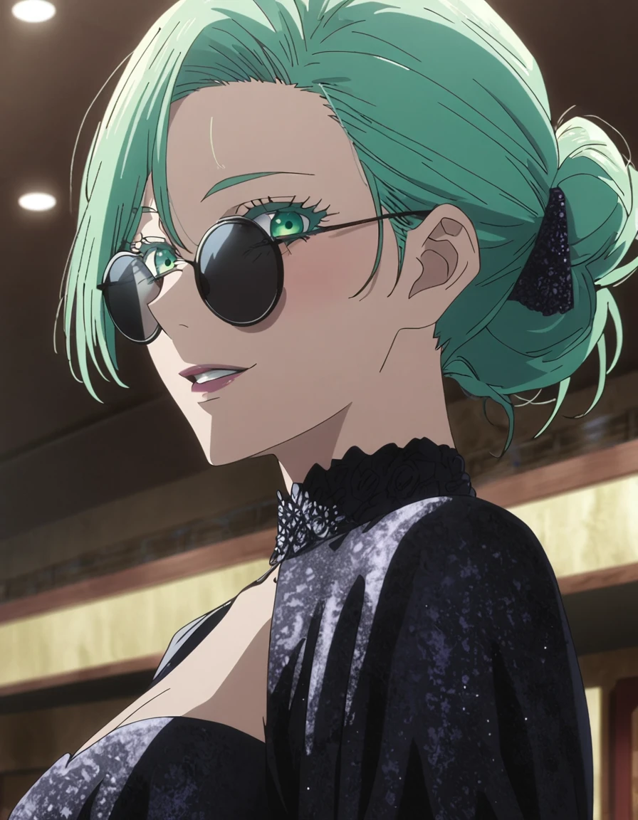 1girl, female gojo satoru, anime screencap from jujutsu kaisen, gojo satoru female version, solo, long_Green hair, hair strands, hair bun, black round sunglasses, Green Eyes, parted_lips, smiling, looking_at_viewer, perfect background, indoors, side view, eyelashes, (elegant prom night outfit),  hair_between_eyes, floating hair, (hair slicked from one side), Party hall, 