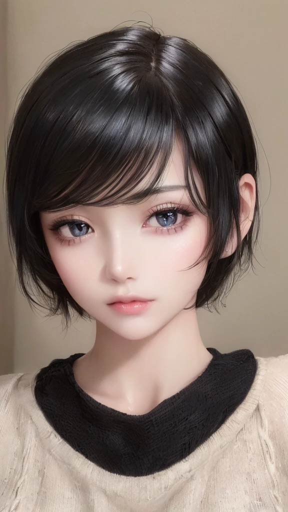 (masterpiece:1.3), (8k, photorealistic, RAW photo, best quality: 1.4), (1girl), beautiful face, (realistic face), (black hair, short hair:1.3), beautiful hairstyle, realistic eyes, beautiful detailed eyes, (realistic skin), beautiful skin, (sweater), absurdres, attractive, ultra high res, ultra realistic, highly detailed, golden ratio