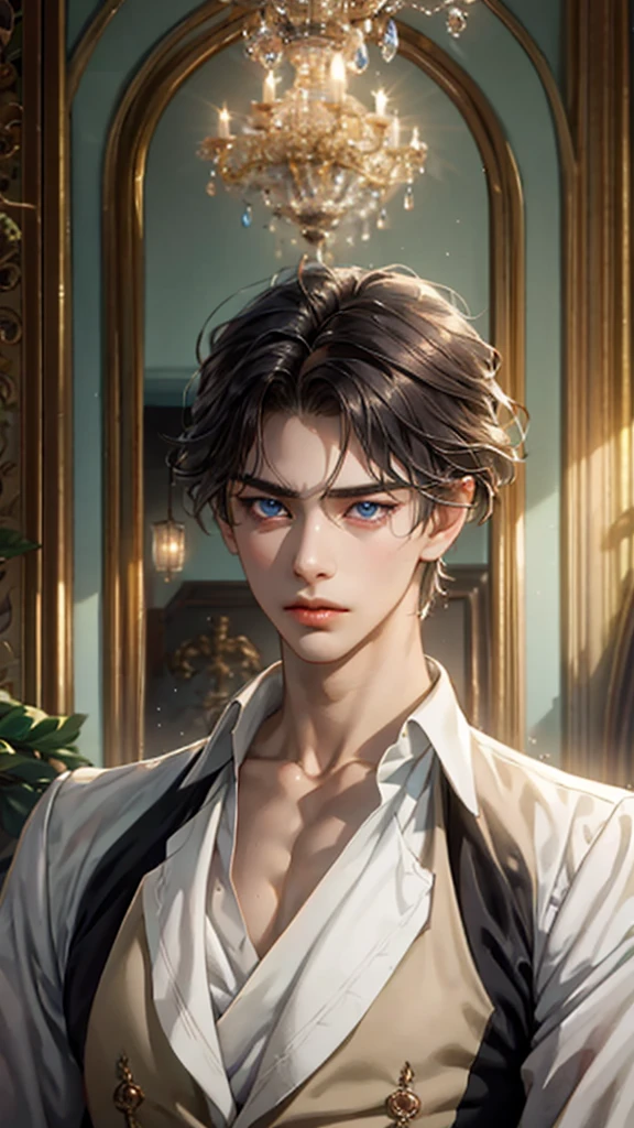 masterpiece, best quality, high quality, 1 boy, Solitary, Male focus, Looking at the audience, Upper Body, victory_destiny, Black Hair, blue eyes, bule, noble, , noble, noble的, Victorian Era, 20 years old