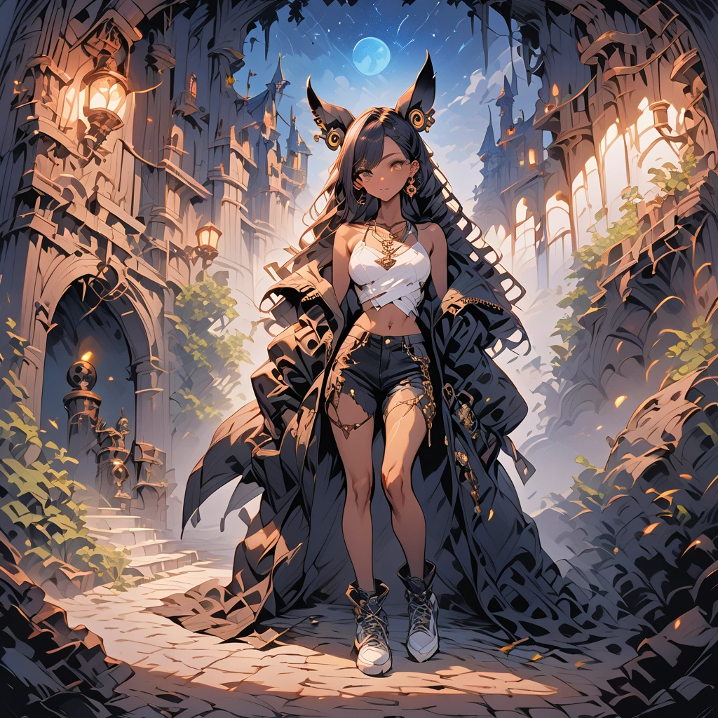 (Fantasy artwork of Umbreon in beautiful human form) 1girl, adult female, human, multiple ear piercing, full-body, tall, hourglass figure, mature, very beautiful and alluring, slightly tanned skin, tattoos, golden long hair with buns hairstyle, bangs that cover one eye with a highlight of dark color resembling umbreon, feline golden eyes, long leather jacket with a hood (steampunk), white top crops, tartarred skinny jeans, sneakers (nike), necklaces, jewellery, sharp gaze, cold attitude, saturday night in front of night clubs background, (detailed background), starry night, cinematic lighting, fantasy, illustration, vibrant colors, (masterpiece:1.2), (best quality:1.2), (very aesthetic:1.2), (absurdres:1.2), newest, intricate details, ai-generated