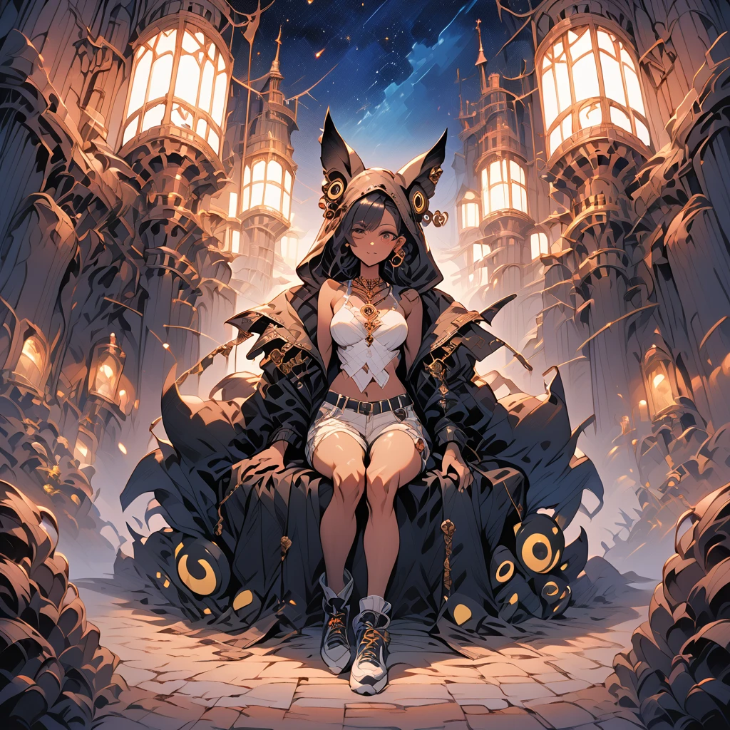 (Fantasy artwork of Umbreon in beautiful menschlich form) 1 Mädchen, Erwachsenes Weibchen, menschlich, mehrere Ohrpiercings, Ganzkörper, groß, Sanduhr-Figur, reifen, sehr schön und verführerisch, leicht gebräunte Haut, Tätowierungen, goldene lange Haare mit Duttfrisur, Pony, der ein Auge bedeckt, mit einem Highlight in dunkler Farbe, das an Nachtara erinnert, katzenartige goldene Augen, lange Lederjacke mit Kapuze (steampunk), weiße Top-Crops, dunkelrote Skinny Jeans, Turnschuhe (nike), Halsketten, Schmuck, Scharfer Blick, kalte Haltung, Samstag Nacht vor Nachtclubs Hintergrund, (detaillierter Hintergrund), sternenklare Nacht, filmische Beleuchtung, Fantasie, Illustration, leuchtende Farben, (Meisterwerk:1.2), (beste Qualität:1.2), (sehr ästhetisch:1.2), (absurdesten:1.2), neueste, komplizierte Details, KI-generiert