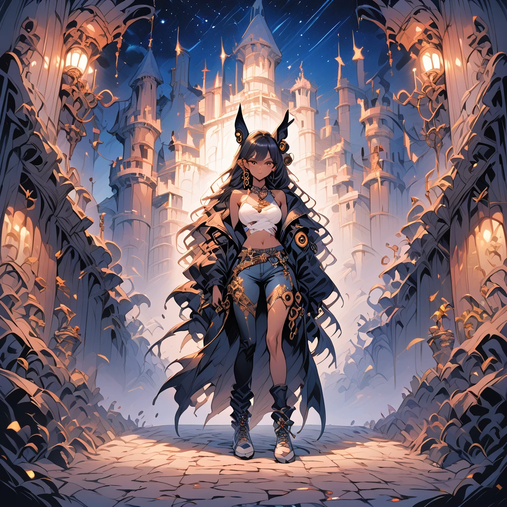 (Fantasy artwork of Umbreon in beautiful humain form) 1fille, Femelle adulte, humain, perçage d&#39;oreilles multiples, tout le corps, grand, chiffre de sablier, mature, très beau et séduisant, peau légèrement bronzée, tatouages, cheveux longs dorés avec coiffure en petits pains, une frange qui couvre un œil avec un reflet de couleur foncée ressemblant à de l&#39;umbreon, yeux dorés félins, veste longue en cuir avec capuche (Steampunk), cultures supérieures blanches, jean skinny tartare, baskets (Nike), colliers, bijoux, regard perçant, attitude froide, samedi soir devant le fond des boîtes de nuit, (contexte détaillé), nuit étoilée, Éclairage cinématographique, fantaisie, illustration, couleurs vives, (chef-d&#39;œuvre:1.2), (Meilleure qualité:1.2), (très esthétique:1.2), (absurdes:1.2), le plus récent, détails complexes, Généré par l&#39;IA