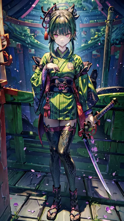 ((personification of yamata no orochi))) (beauty)、snake print tights、(((japanese style goth loli))) (dark green hair)、(sword wie...