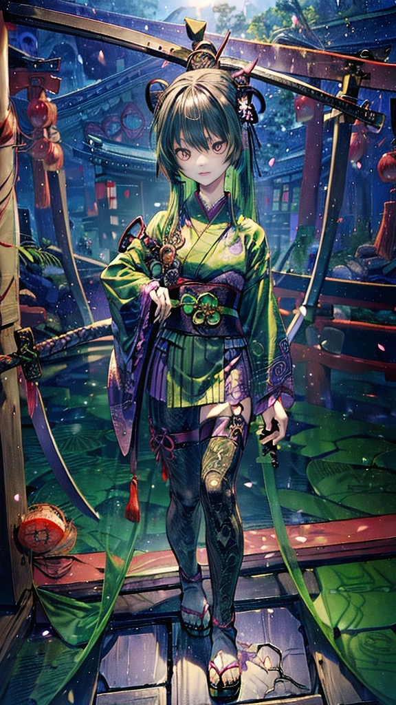 ((Personification of Yamata no Orochi))) (Beauty)、snake print tights、(((Japanese style goth loli))) (Dark green hair)、(Sword wielder),((He has a sword in his right hand))