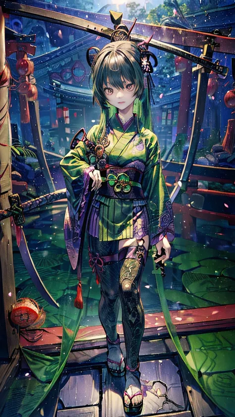 ((personification of yamata no orochi))) (beauty)、snake print tights、(((japanese style goth loli))) (dark green hair)、(sword wie...