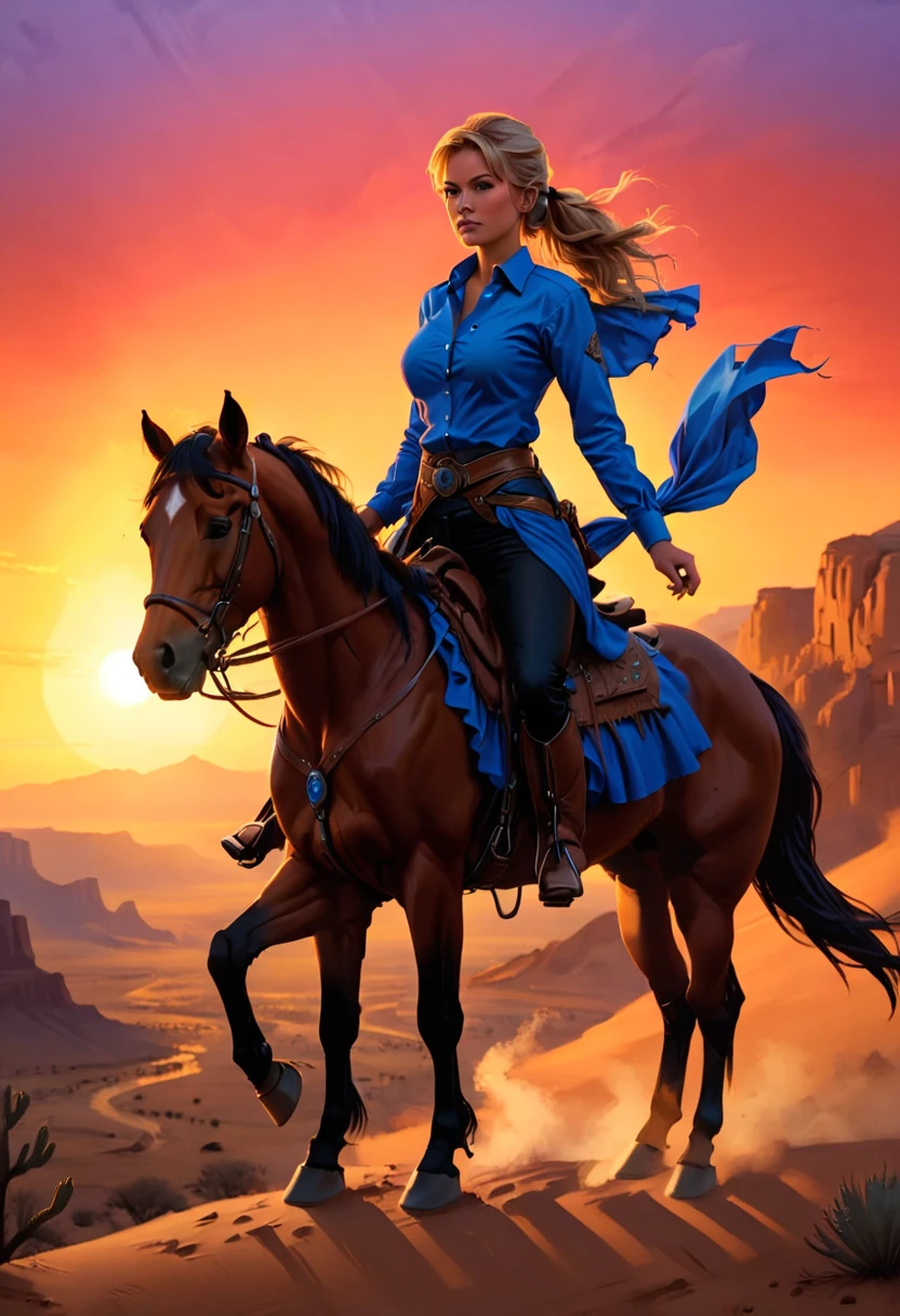 an oil painting of woman cowboy riding a horse on the desert mountain at sunset, watching the desert canyon, an exquisite beautiful woman, most beautiful woman, blond hair, long hair, in a pony tail, ultra detailed face, best detailed face, wearing blue button shirt, small cleavage, wearing black trousers, dynamic color, wearing high heeled boots, (silhouette art: 1.3), she has a (lasso: 1.1) sun set, sun rays, sky in shades of purple, red, orange and yellow. vibrant colors of sky, Hyperrealism style, vibrant, Ultra-high resolution, High Contrast, (masterpiece:1.5), highest quality, Best aesthetics), best details, best quality, highres, ultra wide angle, 16k, [ultra detailed], masterpiece, best quality, (extremely detailed) RAW, chumbasket art style, oil painting, silhouette
