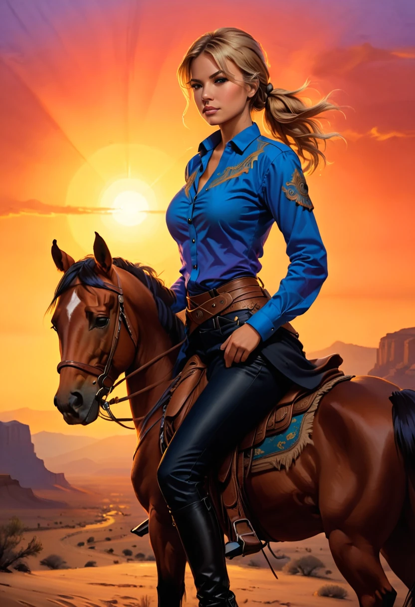 an oil painting of woman cowboy riding a horse on the desert mountain at sunset, watching the desert canyon, an exquisite beautiful woman, most beautiful woman, blond hair, long hair, in a pony tail, ultra detailed face, best detailed face, wearing blue button shirt, small cleavage, wearing black trousers, dynamic color, wearing high heeled boots, (silhouette art: 1.3), she has a (lasso: 1.1) sun set, sun rays, sky in shades of purple, red, orange and yellow. vibrant colors of sky, Hyperrealism style, vibrant, Ultra-high resolution, High Contrast, (masterpiece:1.5), highest quality, Best aesthetics), best details, best quality, highres, ultra wide angle, 16k, [ultra detailed], masterpiece, best quality, (extremely detailed) RAW, chumbasket art style, oil painting, silhouette
