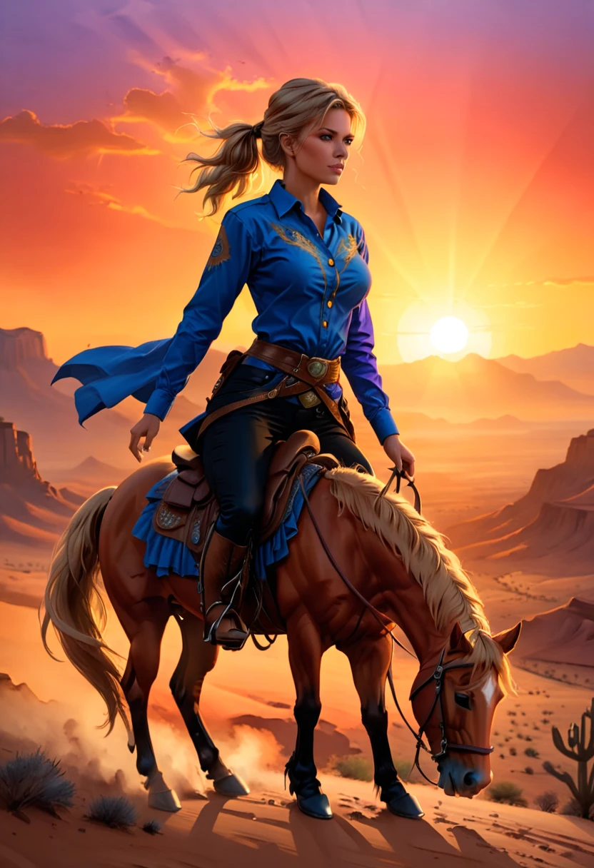 an oil painting of woman cowboy riding a horse on the desert mountain at sunset, watching the desert canyon, an exquisite beautiful woman, most beautiful woman, blond hair, long hair, in a pony tail, ultra detailed face, best detailed face, wearing blue button shirt, small cleavage, wearing black trousers, dynamic color, wearing high heeled boots, (silhouette art: 1.3), she has a (lasso: 1.1) sun set, sun rays, sky in shades of purple, red, orange and yellow. vibrant colors of sky, Hyperrealism style, vibrant, Ultra-high resolution, High Contrast, (masterpiece:1.5), highest quality, Best aesthetics), best details, best quality, highres, ultra wide angle, 16k, [ultra detailed], masterpiece, best quality, (extremely detailed) RAW, chumbasket art style, oil painting, silhouette
