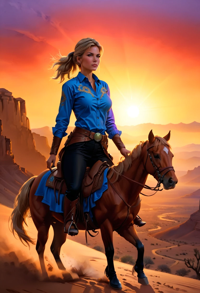 an oil painting of woman cowboy riding a horse on the desert mountain at sunset, watching the desert canyon, an exquisite beautiful woman, most beautiful woman, blond hair, long hair, in a pony tail, ultra detailed face, best detailed face, wearing blue button shirt, small cleavage, wearing black trousers, dynamic color, wearing high heeled boots, (silhouette art: 1.3), she has a (lasso: 1.1) sun set, sun rays, sky in shades of purple, red, orange and yellow. vibrant colors of sky, Hyperrealism style, vibrant, Ultra-high resolution, High Contrast, (masterpiece:1.5), highest quality, Best aesthetics), best details, best quality, highres, ultra wide angle, 16k, [ultra detailed], masterpiece, best quality, (extremely detailed) RAW, chumbasket art style, oil painting, silhouette
