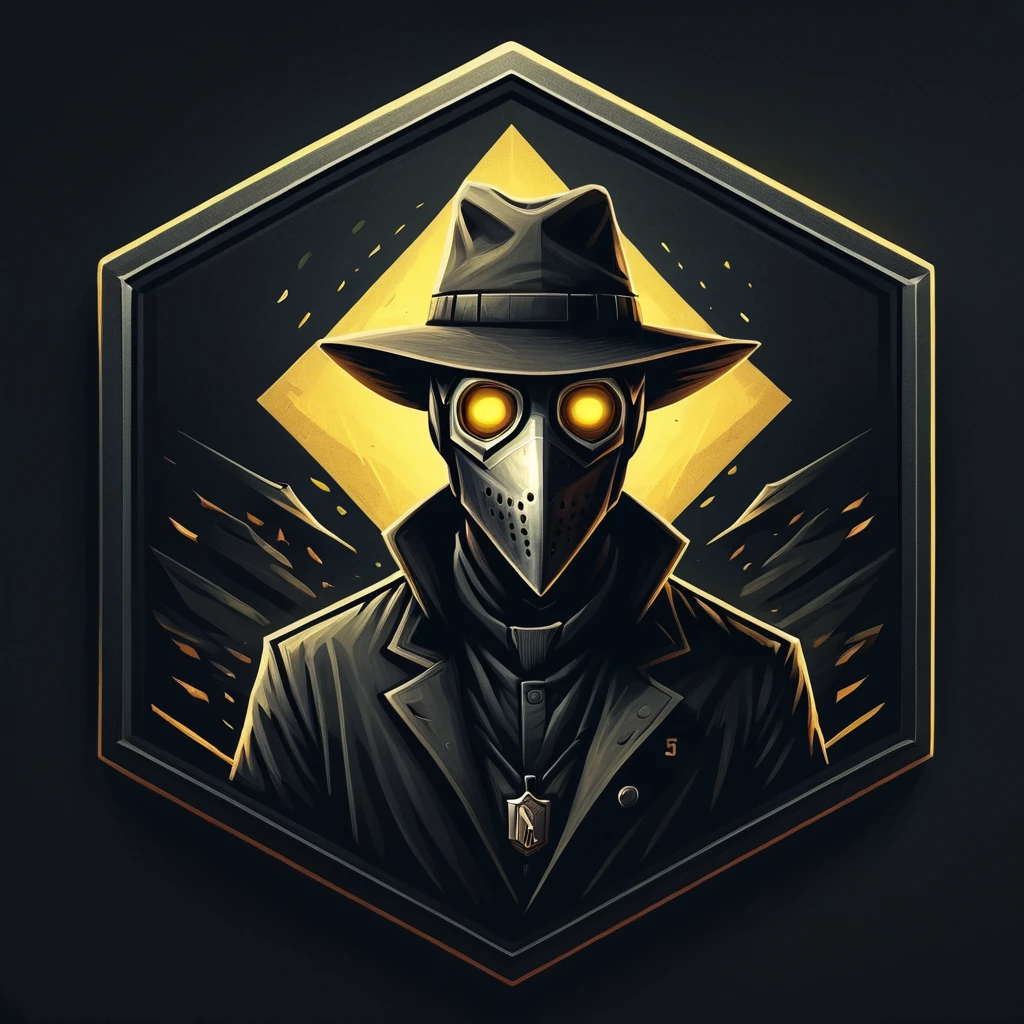 ultra high resolution, detailed, best quality, badgetype,solo badge,counter strike2 type badge,solo,looking at viewer,yellow eyes,1boy,male focus,no humans,mask,glowing,simple background,portrait,straight-on,plague doctor, hat, proportional, noire, minimalist background