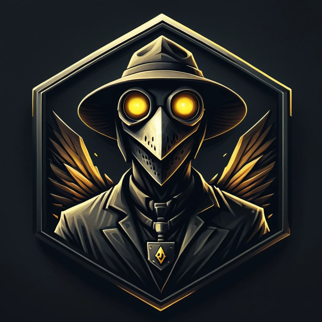 ultra high resolution, detailed, best quality, badgetype,solo badge,counter strike2 type badge,solo,looking at viewer,yellow eyes,1boy,male focus,no humans,mask,glowing,simple background,portrait,straight-on,plague doctor, hat, proportional, noire, minimalist background