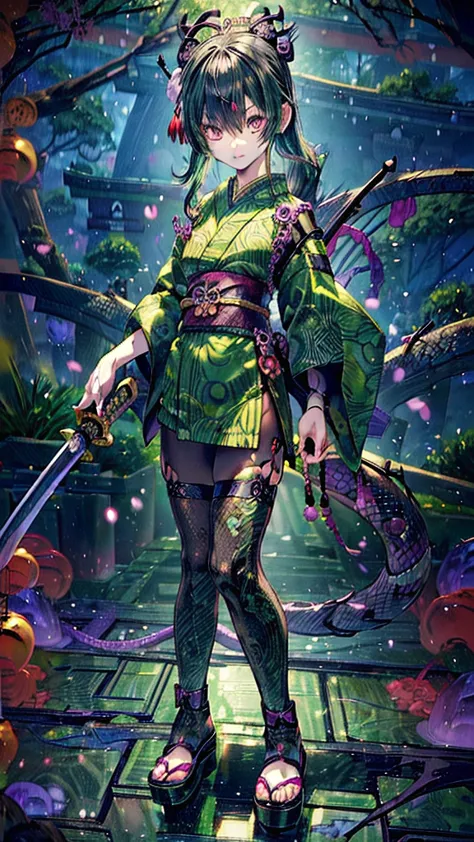 ((personification of yamata no orochi))) (beauty)、snake print tights、(((japanese style goth loli))) (dark green hair),((he has a...