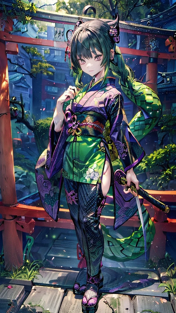 ((Personification of Yamata no Orochi))) (Beauty)、snake print tights、(((Japanese style goth loli))) (Dark green hair),((He has a sword in his right hand))