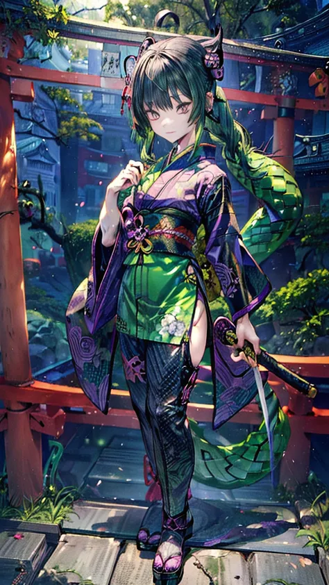 ((personification of yamata no orochi))) (beauty)、snake print tights、(((japanese style goth loli))) (dark green hair),((he has a...