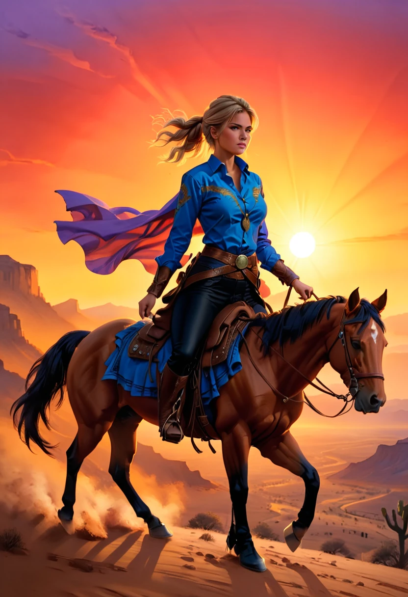 aan oil painting of woman cowboy riding a horse on the desert mountain at sunset, watching the desert canyon, an exquisite beautiful woman, most beautiful woman, blond hair, long hair, in a pony tail, ultra detailed face, best detailed face, wearing blue button shirt, small cleavage, wearing black trousers, dynamic color, wearing high heeled boots, (silhouette art: 1.3), she has a (lasso: 1.1) sun set, sun rays, sky in shades of purple, red, orange and yellow. vibrant colors of sky, Hyperrealism style, vibrant, Ultra-high resolution, High Contrast, (masterpiece:1.5), highest quality, Best aesthetics), best details, best quality, highres, ultra wide angle, 16k, [ultra detailed], masterpiece, best quality, (extremely detailed) RAW, chumbasket art style, oil painting, silhouette