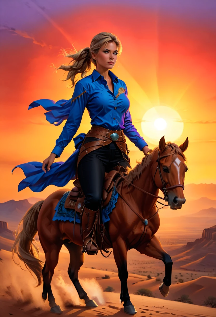 aan oil painting of woman cowboy riding a horse on the desert mountain at sunset, watching the desert canyon, an exquisite beautiful woman, most beautiful woman, blond hair, long hair, in a pony tail, ultra detailed face, best detailed face, wearing blue button shirt, small cleavage, wearing black trousers, dynamic color, wearing high heeled boots, (silhouette art: 1.3), she has a (lasso: 1.1) sun set, sun rays, sky in shades of purple, red, orange and yellow. vibrant colors of sky, Hyperrealism style, vibrant, Ultra-high resolution, High Contrast, (masterpiece:1.5), highest quality, Best aesthetics), best details, best quality, highres, ultra wide angle, 16k, [ultra detailed], masterpiece, best quality, (extremely detailed) RAW, chumbasket art style, oil painting, silhouette