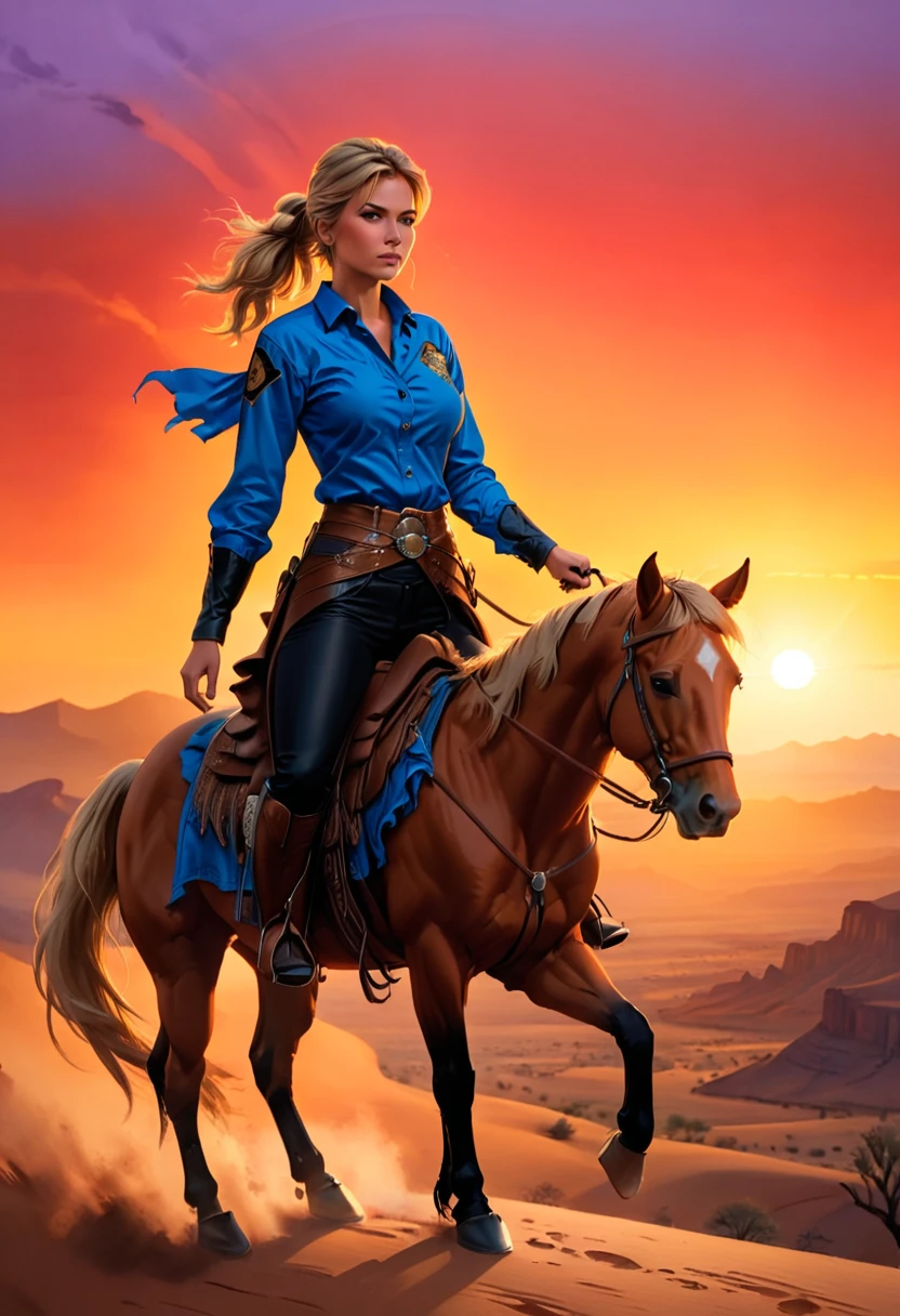 aan oil painting of woman cowboy riding a horse on the desert mountain at sunset, watching the desert canyon, an exquisite beautiful woman, most beautiful woman, blond hair, long hair, in a pony tail, ultra detailed face, best detailed face, wearing blue button shirt, small cleavage, wearing black trousers, dynamic color, wearing high heeled boots, (silhouette art: 1.3), she has a (lasso: 1.1) sun set, sun rays, sky in shades of purple, red, orange and yellow. vibrant colors of sky, Hyperrealism style, vibrant, Ultra-high resolution, High Contrast, (masterpiece:1.5), highest quality, Best aesthetics), best details, best quality, highres, ultra wide angle, 16k, [ultra detailed], masterpiece, best quality, (extremely detailed) RAW, chumbasket art style, oil painting, silhouette