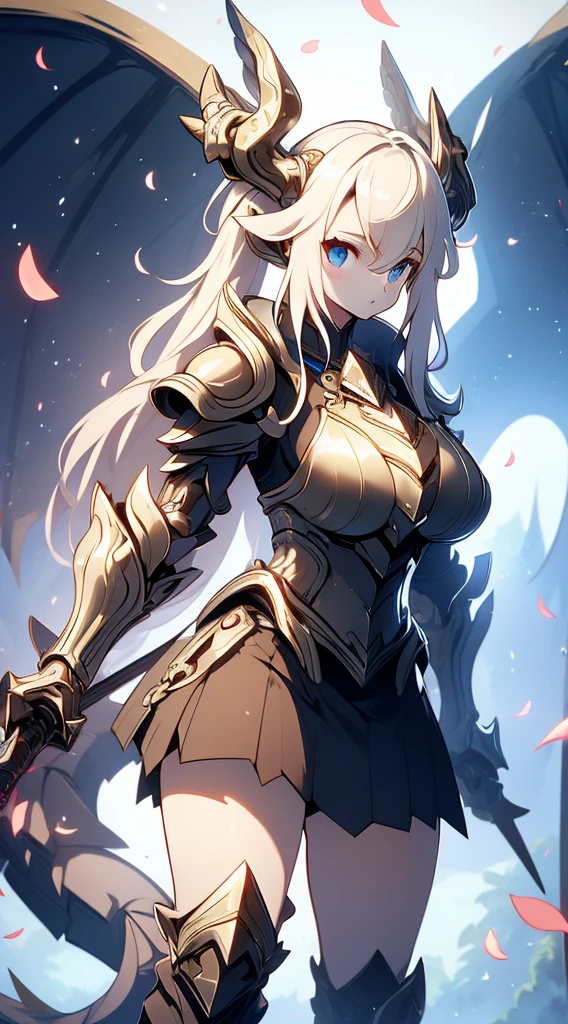 Dragon Girl，knight girl，Girl in knight armor，Breastplate，Skirt Armor，arm guard，Leggings，Bare thighs，Silk Knee socks，Knee socks，White hair，Long hair，Single ponytail hairstyle，Dragon Horn Girl，Dragon Wings，Girl with wings，Dragon Horn，horn，巨Dragon Wings，White Wings，Dragon Tail，巨Dragon Tail，Long Tail，thick tail，Fat Tail，Smooth tail，White Tail，Scales，Scales Clothes，knight，knight girl，Close-up above the waist，Upper body close-up，mature body，Big breasts，Big breasts，Wide crotch，Royal sister，Big sister