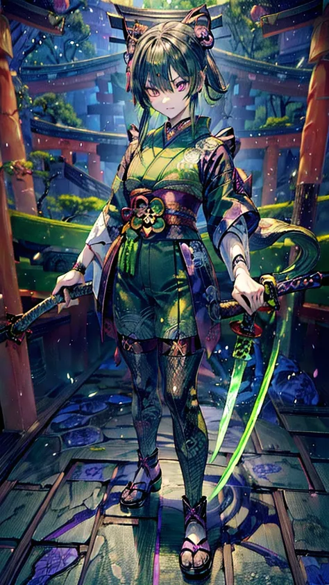 ((personification of yamata no orochi))) (beauty)、snake print tights、(((japanese style goth loli))) (dark green hair),((he has a...