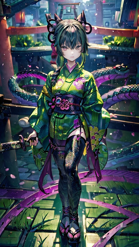 ((Personification of Yamata no Orochi))) (Beauty)、snake print tights、(((Japanese style goth loli))) (Dark green hair)、Composition: Fighting with a sword