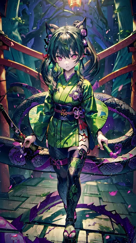 ((personification of yamata no orochi))) (beauty)、snake print tights、(((japanese style goth loli))) (dark green hair)、compositio...