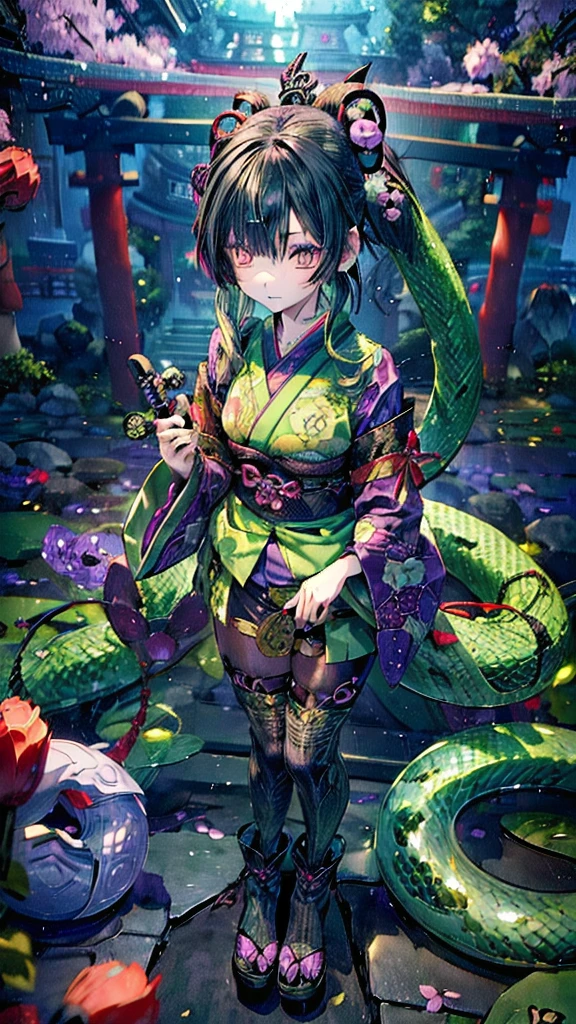 ((Personification of Yamata no Orochi))) (Beauty)、snake print tights、(((Japanese style goth loli))) (Dark green hair)、Composition: Fighting with a sword