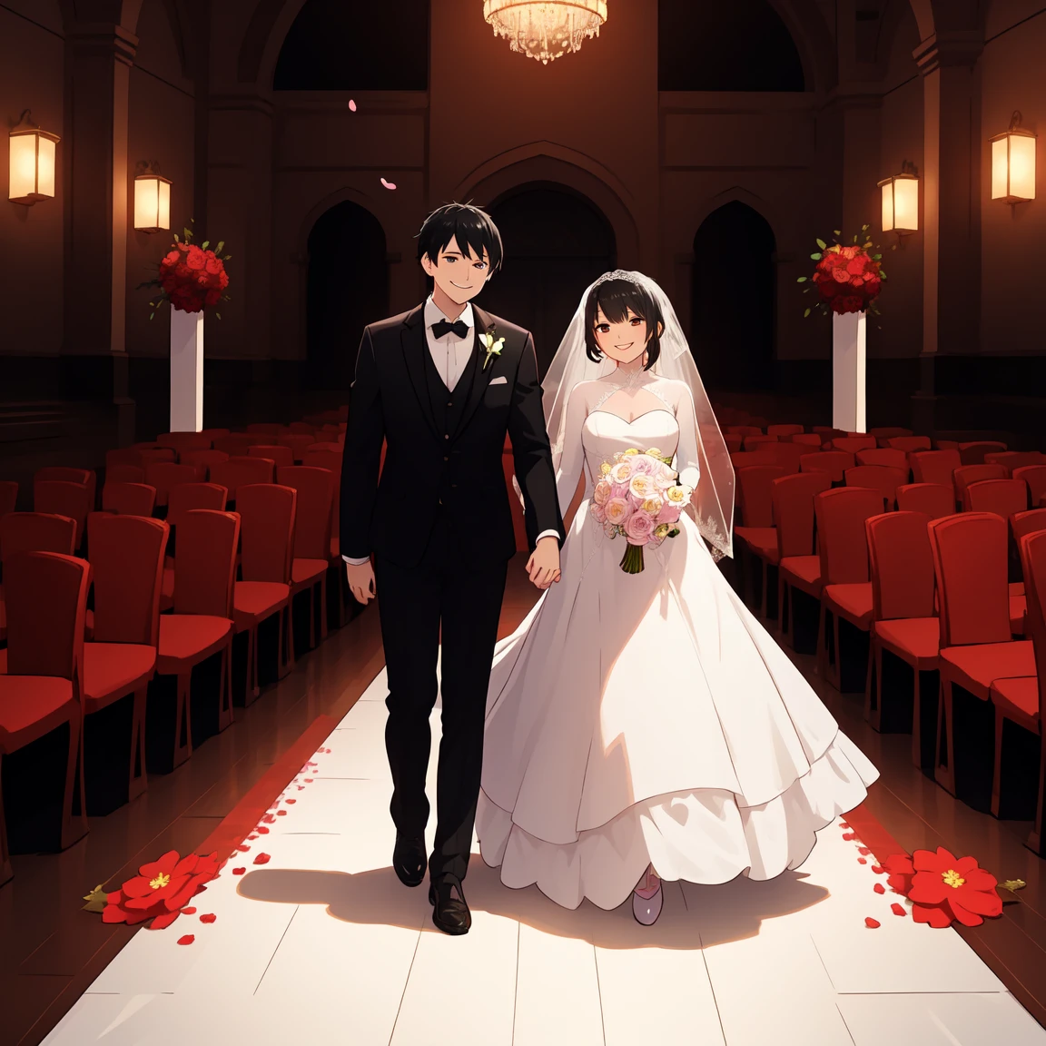 Beautiful wedding scene, Two full body characters, The groom&#39;s black hair style《Spy x 》Similar to Loid in, Wearing a black suit jacket, The bride is wearing an elegant white dress，Wearing an Islamic headscarf, Both were smiling happily, Amazingly beautiful face, Happy expression, Romantic background，Blooming cherry blossoms and soft lighting