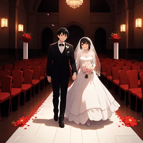 Beautiful wedding scene, Two full body characters, The groom&#39;s black hair style《Spy x 》Similar to Loid in, Wearing a black s...