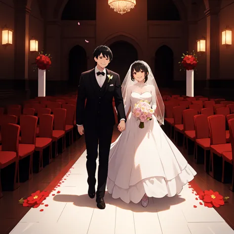 beautiful wedding scene, two full body characters, the groom&#39;s black hair style《spy x 》similar to loid in, wearing a black s...