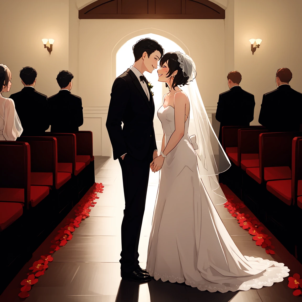 Beautiful wedding scene, Two full body characters, The groom&#39;s black hair style《Spy x 》Similar to Loid in, Wearing a black suit jacket, The bride is wearing an elegant white dress，Wearing an Islamic headscarf, Both were smiling happily, Amazingly beautiful face, Happy expression, Romantic background，Blooming cherry blossoms and soft lighting