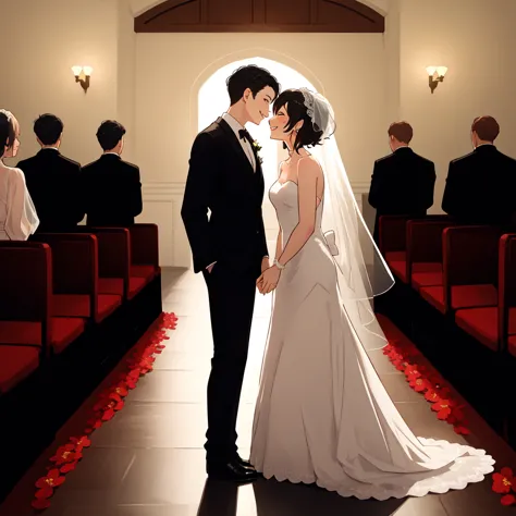 Beautiful wedding scene, Two full body characters, The groom&#39;s black hair style《Spy x 》Similar to Loid in, Wearing a black s...