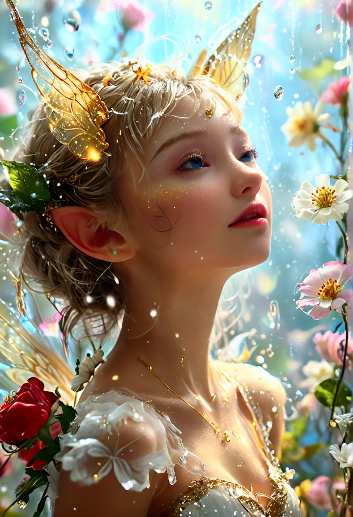 surreal details, ( bright resolution, Flying around large flower petals covered in fresh morning dew on a clear day, Tinkerbell in fluorescent white and gold_Upper body close-up angle ), A variety of small flowers and plants made of light, Ultrafine particles shining in the air_Mysterious background with small particles of natural light emitting light, ultra high resolution, 8k, Very detailed details, Product detailed image, surreal photo, the greatest masterpiece:1.2, A shining aura spreading in the air,