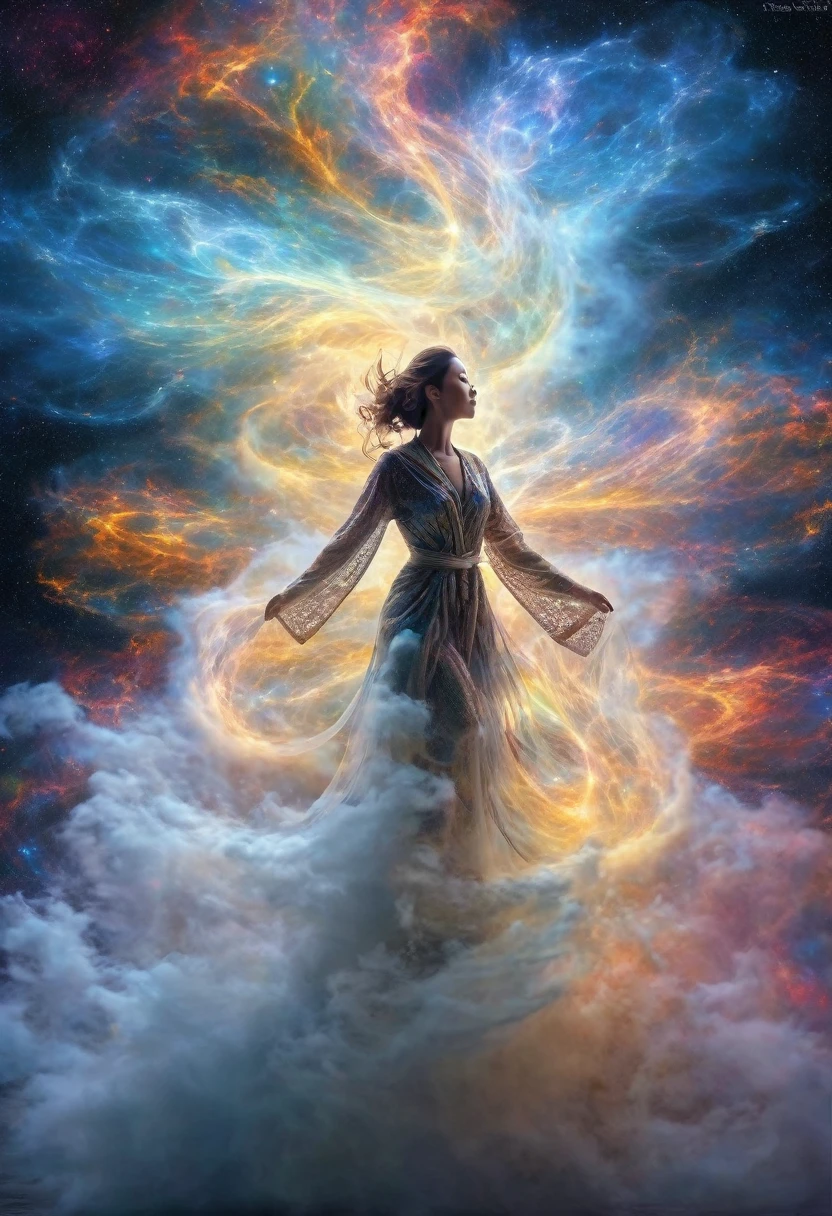 an incredible and spectacular scene of a female figure emerging from a luminous cloud, fractal threads of a nebula, cosmic entities, celestial, cosmic, vibrating and bright, vortices, swirling, unrealistic, high contrast, symbolism, magical, mystical, mystifying, hyperrealistic, oversaturated, colorful