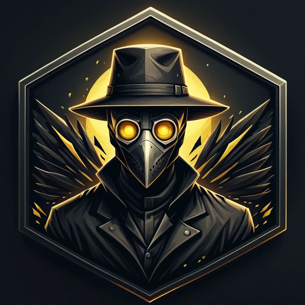 ultra high resolution, detailed, best quality, badgetype,solo badge,counter strike2 type badge,solo,looking at viewer,yellow eyes,1boy,male focus,no humans,mask,glowing,simple background,portrait,straight-on,plague doctor, hat, proportional, noire, minimalist background