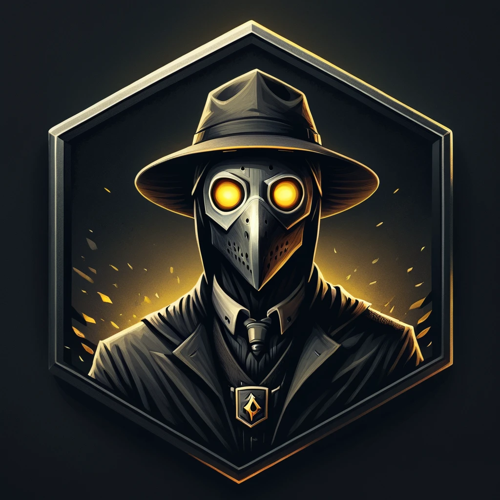 ultra high resolution, detailed, best quality, badgetype,solo badge,counter strike2 type badge,solo,looking at viewer,yellow eyes,1boy,male focus,no humans,mask,glowing,simple background,portrait,straight-on,plague doctor, hat, proportional, noire, minimalist background