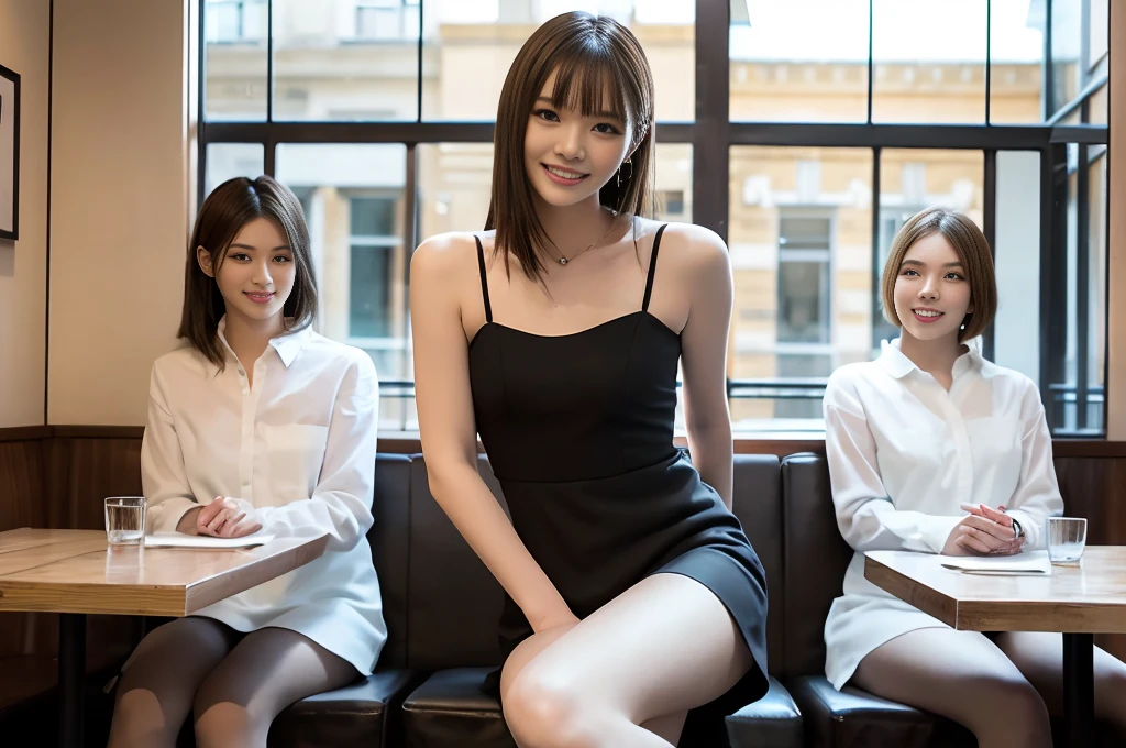 (Highest quality, masterpiece, Realistic, Very detailed, Ultra-high resolution, to be born:1.3), (Three Girls:1.5), beautiful, Japanese,, Age 27, restaurant, (Close Bonds, 、Random Color), (smile), (bangs), high waist, necklace, (office, indoor, Glass Room), (Long legs, High heels, whole body:1.2), (Center of chest:1.3), (crowd)、(Sitting cross-legged:1.1)、