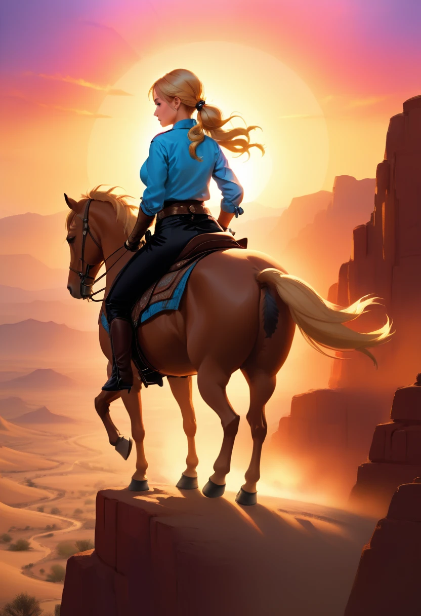 aan oil painting of woman cowboy riding a horse on the desert mountain at sunset, watching the desert canyon, an exquisite beautiful woman, most beautiful woman, blond hair, long hair, in a pony tail, ultra detailed face, best detailed face, wearing blue button shirt, small cleavage, wearing black trousers, dynamic color, wearing high heeled boots, (silhouette art: 1.3), she has a (lasso: 1.1) sun set, sun rays, sky in shades of purple, red, orange and yellow. vibrant colors of sky, Hyperrealism style, vibrant, Ultra-high resolution, High Contrast, (masterpiece:1.5), highest quality, Best aesthetics), best details, best quality, highres, ultra wide angle, 16k, [ultra detailed], masterpiece, best quality, (extremely detailed) RAW, chumbasket art style, oil painting, silhouette