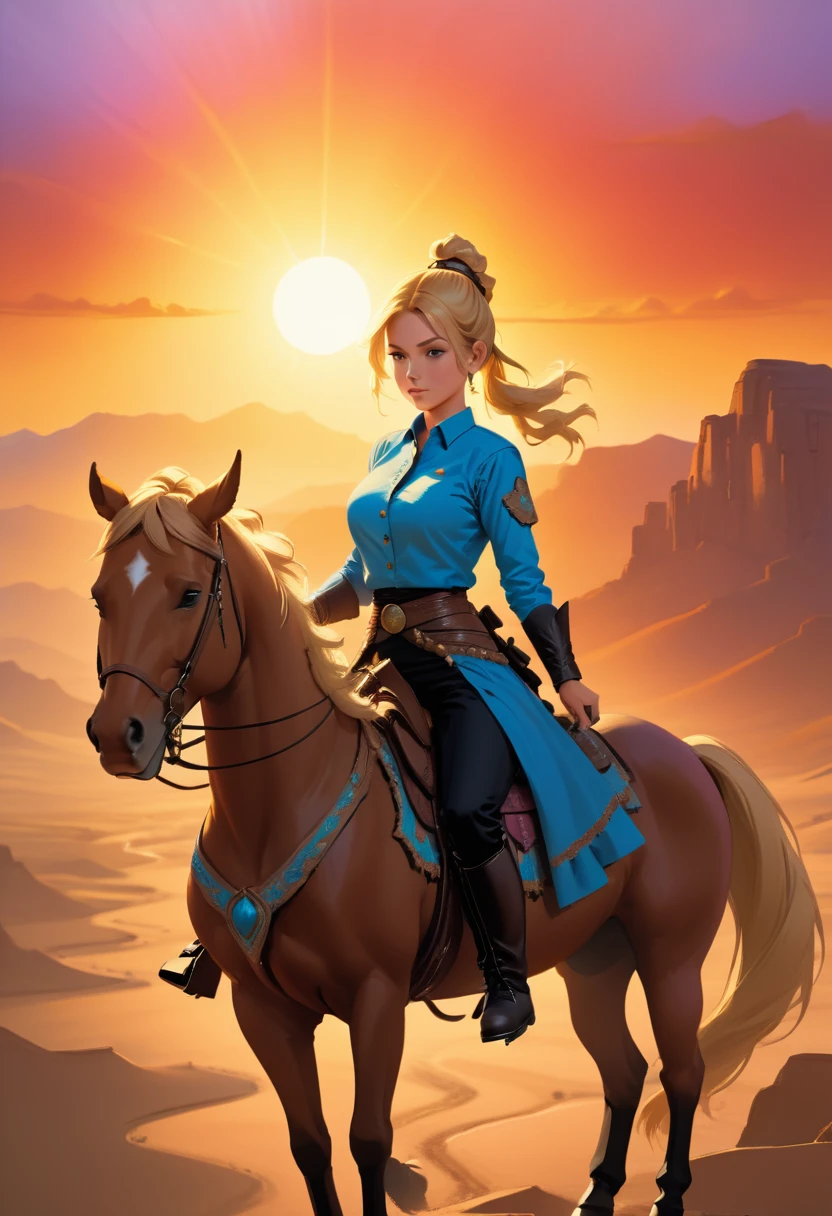 aan oil painting of woman cowboy riding a horse on the desert mountain at sunset, watching the desert canyon, an exquisite beautiful woman, most beautiful woman, blond hair, long hair, in a pony tail, ultra detailed face, best detailed face, wearing blue button shirt, small cleavage, wearing black trousers, dynamic color, wearing high heeled boots, (silhouette art: 1.3), she has a (lasso: 1.1) sun set, sun rays, sky in shades of purple, red, orange and yellow. vibrant colors of sky, Hyperrealism style, vibrant, Ultra-high resolution, High Contrast, (masterpiece:1.5), highest quality, Best aesthetics), best details, best quality, highres, ultra wide angle, 16k, [ultra detailed], masterpiece, best quality, (extremely detailed) RAW, chumbasket art style, oil painting, silhouette