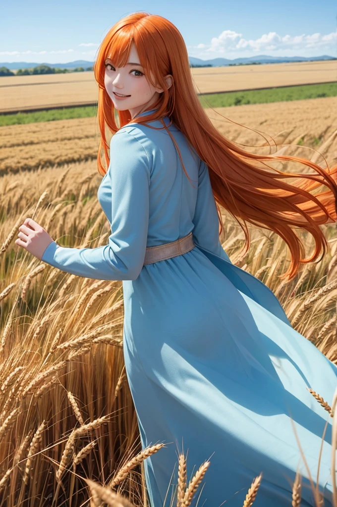 1 girl, alone, Long Orange Hair, running, (Tall wheat field), I turn around, Emerald Eyes, long blue dress, middle ages, middle agesの衣装, long sleeves, Light from behind, Shadow of a person, smile, Laughter, (blue sky), Wheat background, Standing in the distance, Looking at the audience, full length