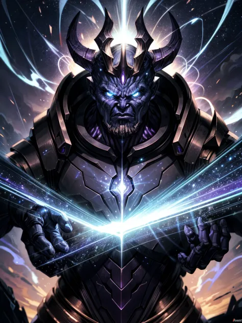 close up, ultra-hd photography, a fierce celestial thanos god with a universe theme, surrounded by blue and  purple lightning in...