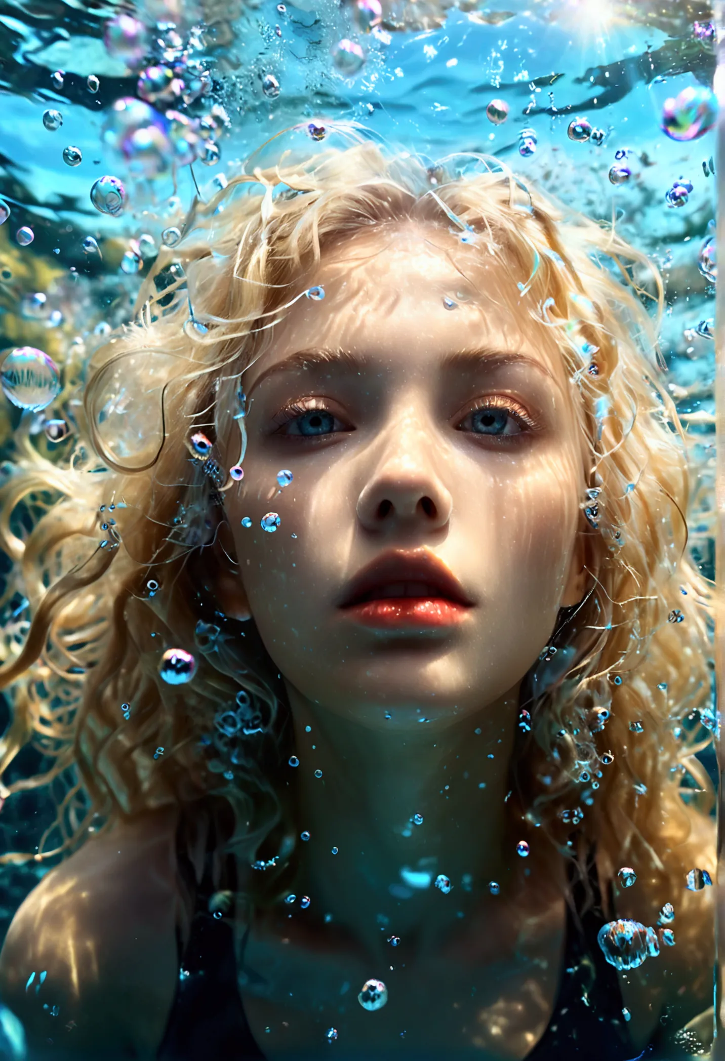 surreal details, beautiful underwater made of light, (beautiful blonde woman made of light looking into underwater camera lens_h...