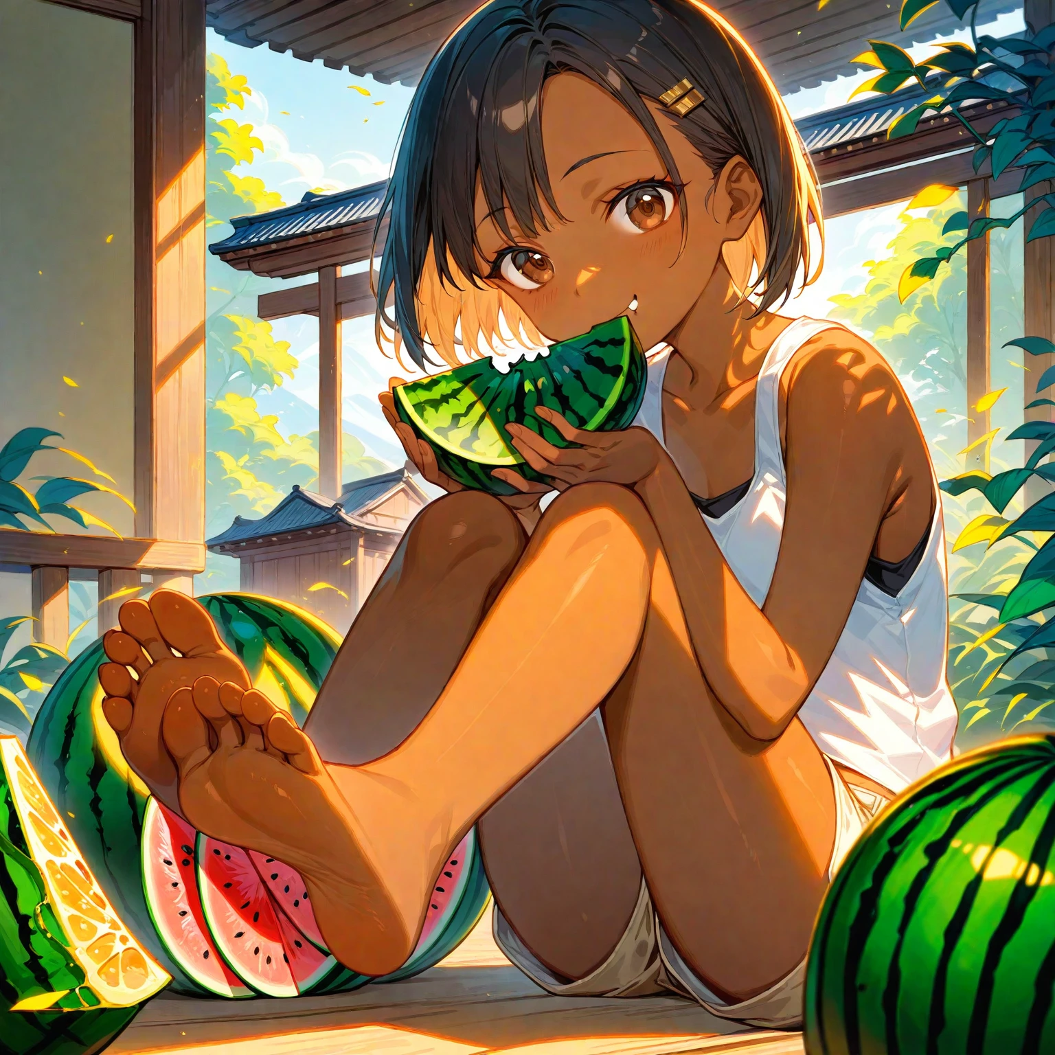 score_9, score_8_up, score_7_up, source_anime, high res image, masterpiece, best quality, 1 girl, Brown skin, shiny hair, ultra detailed eyes, eye highlights, short hair, black hair, brown eyes, white tank top, short shorts, smile,foot focus、 (eating watermelon:1.1), holding watermelon with both hands, verandah, japanese home, sitting, 森