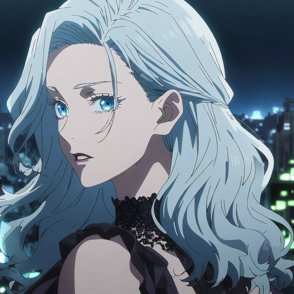 1girl, female gojo satoru, anime screencap from jujutsu kaisen, gojo satoru female version, solo, long_Silver hair, wavy hair, black round sunglasses, Blue Eyes, parted_lips,soft expression, looking_at_viewer, perfect background, outdoors, side view, eyelashes, (elegant prom night outfit), floating hair, ((hair slicked from one side)), City in background,night